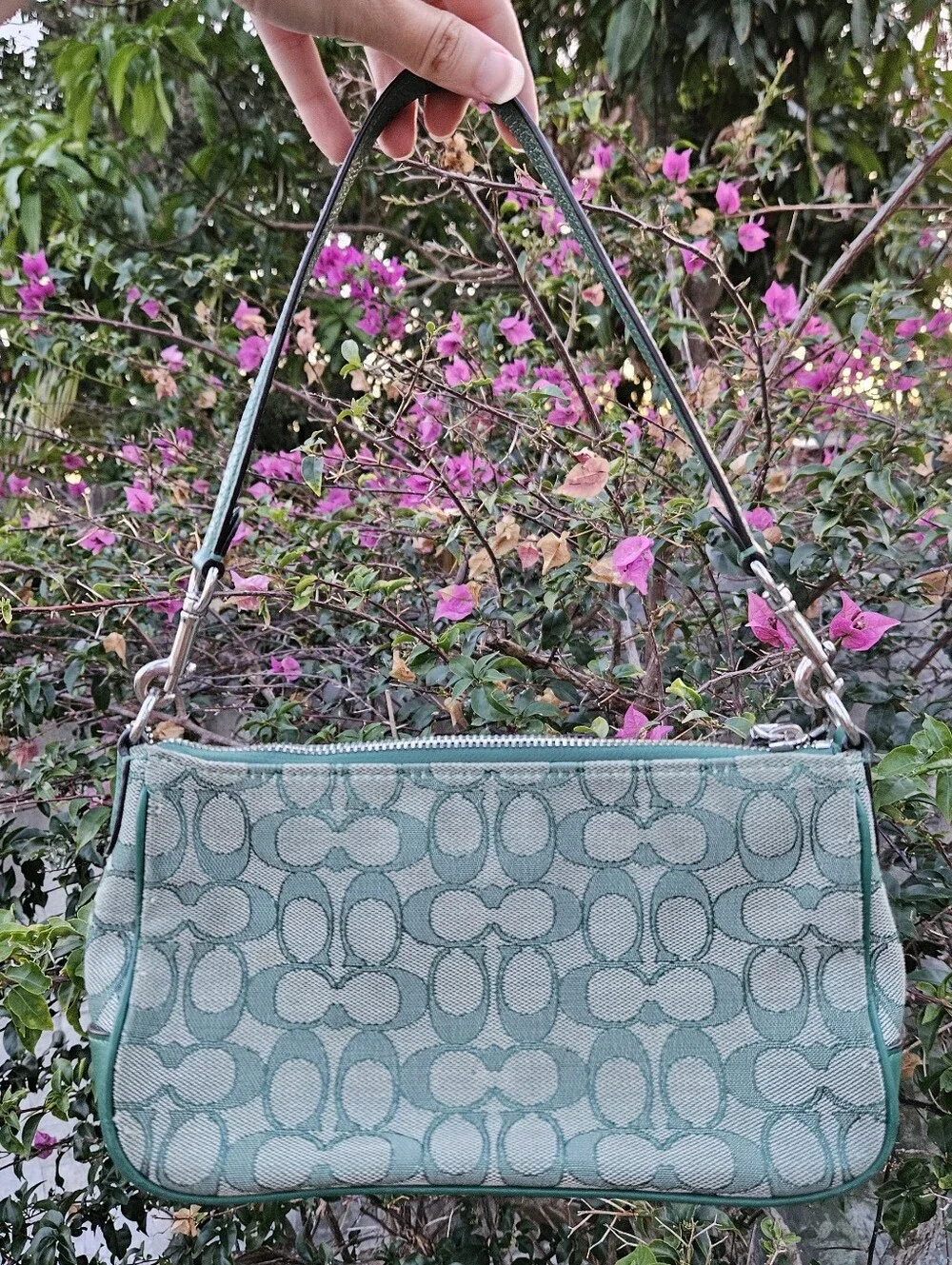 Coach Lonnie Signature Baguette Green Stripe Demi Shoulder Bag C9306